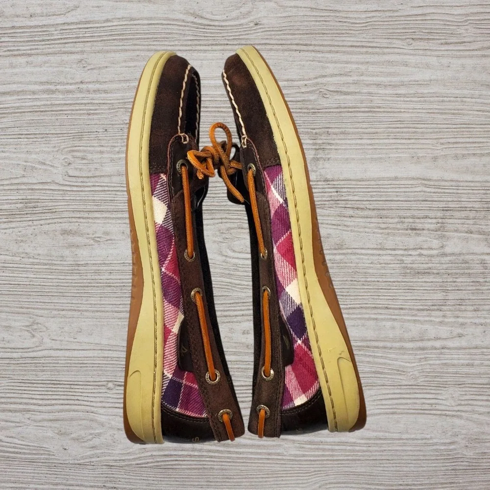 Sperry Top-Sider Womens 8.5M Brown Suede Pink Plaid Boat Shoes Loafers